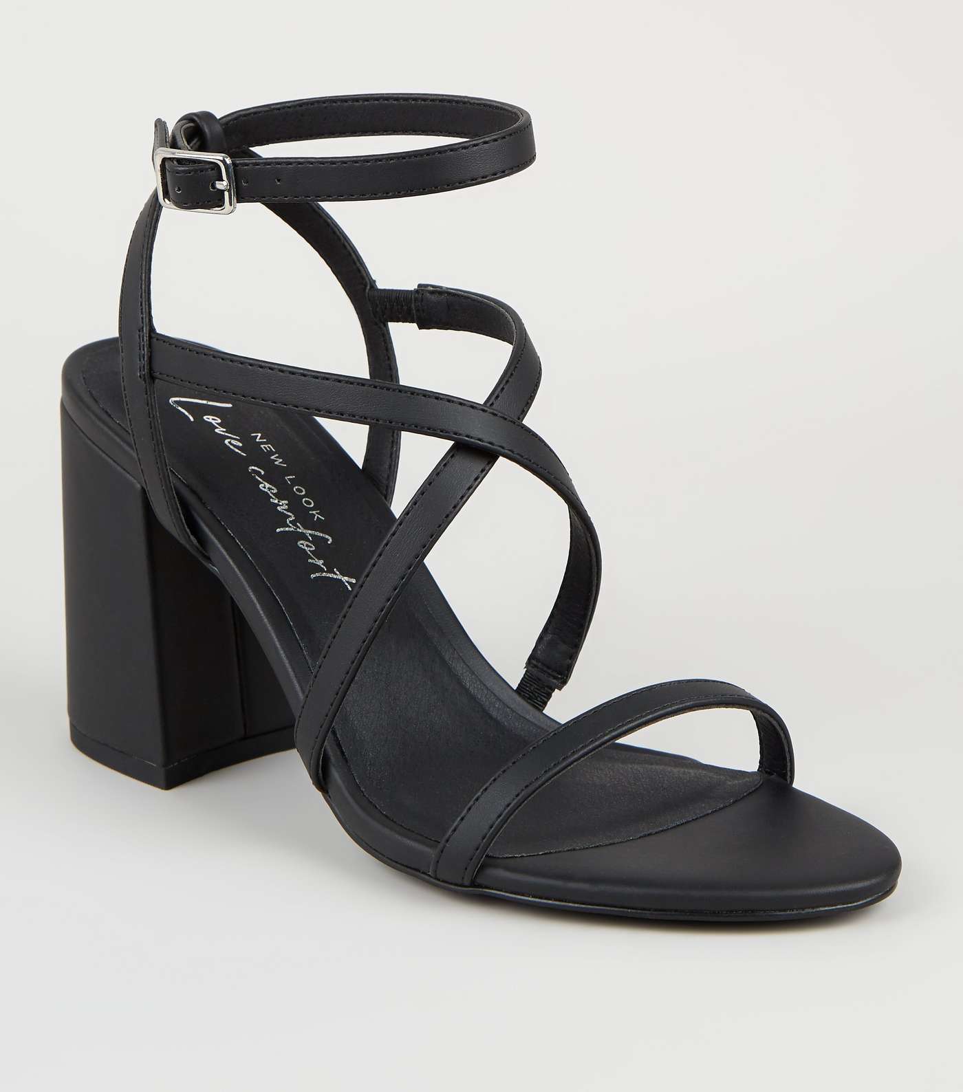 Black Leather-Look Strappy Flared Heel Sandals
