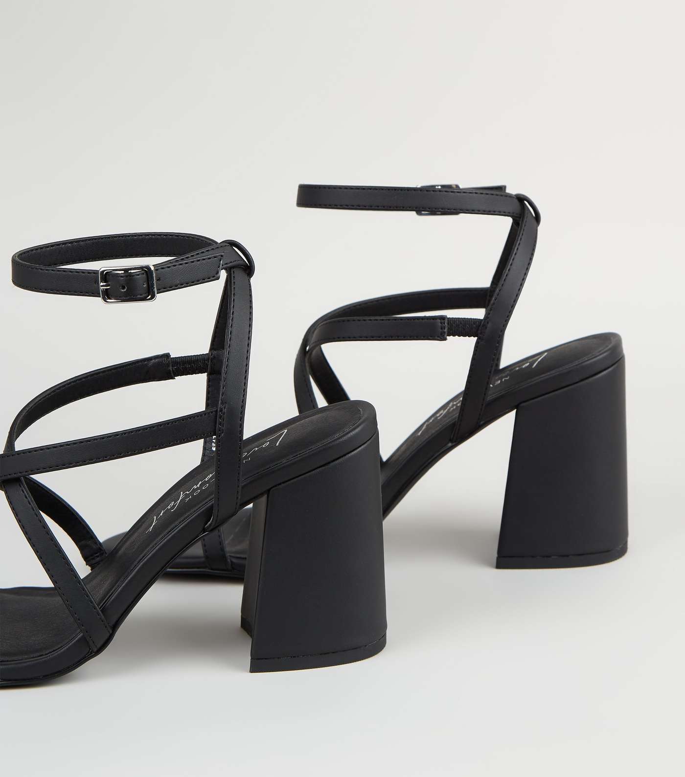 Black Leather-Look Strappy Flared Heel Sandals Image 3