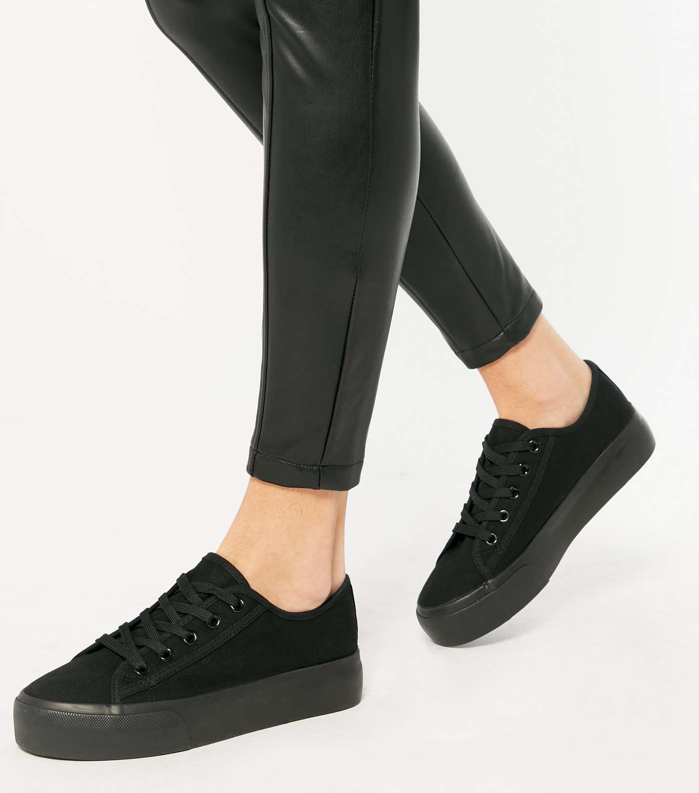 Black Canvas Lace Up Chunky Trainers Image 2