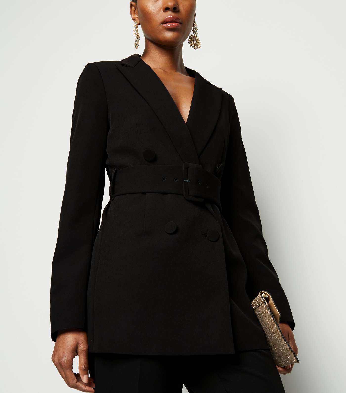 Black Double Breasted Belted Blazer Image 5
