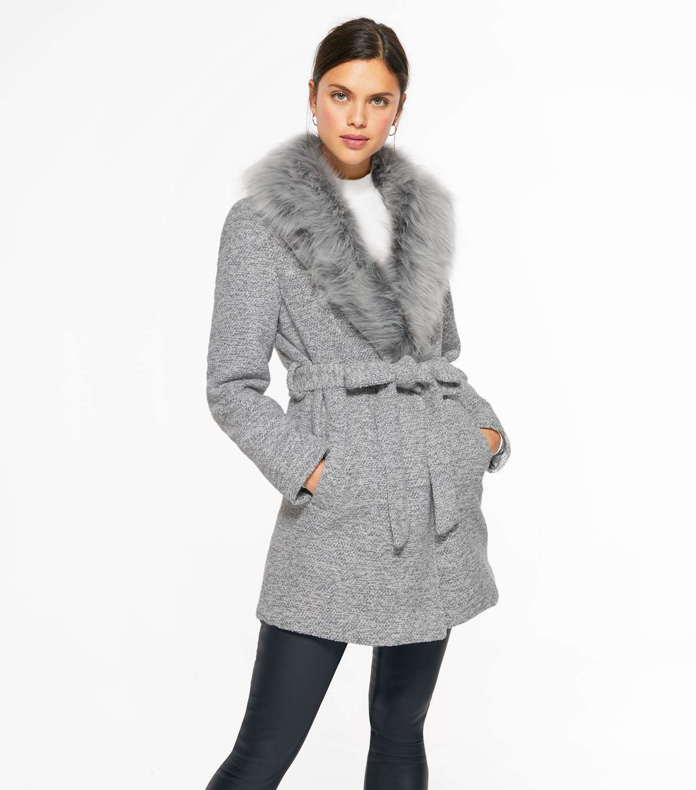 Pale Grey Faux Fur Collar Belted Coat Image 2