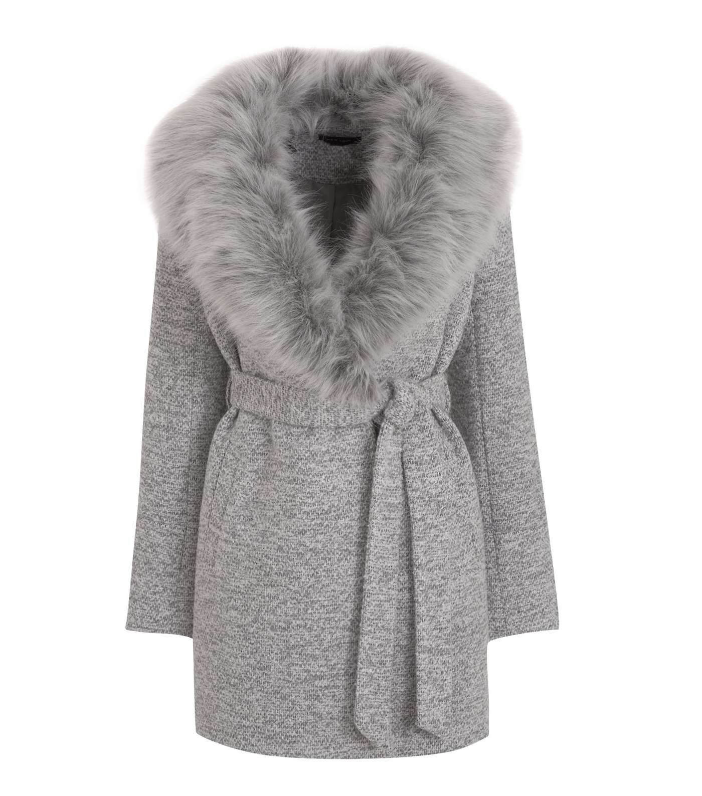 Pale Grey Faux Fur Collar Belted Coat Image 6