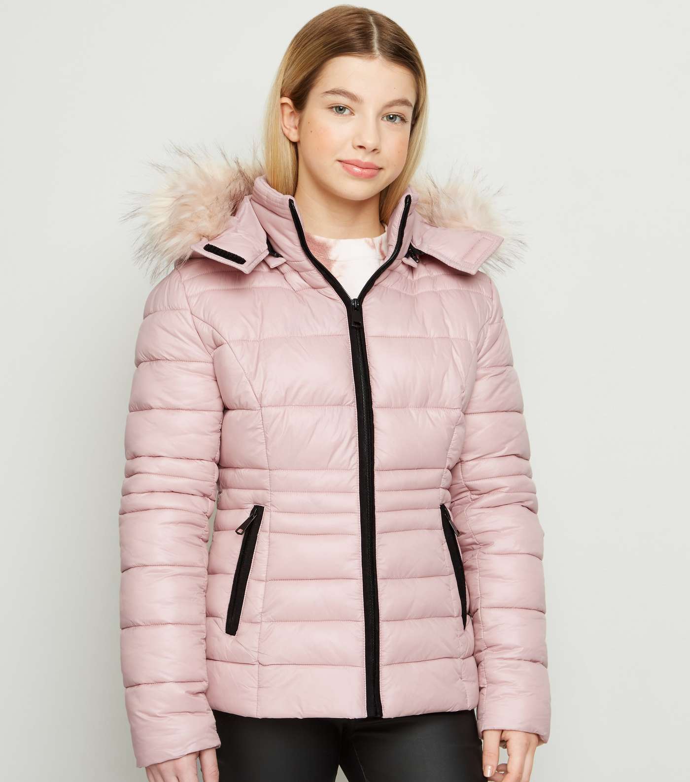 Girls Pink Faux Fur Trim Puffer Jacket