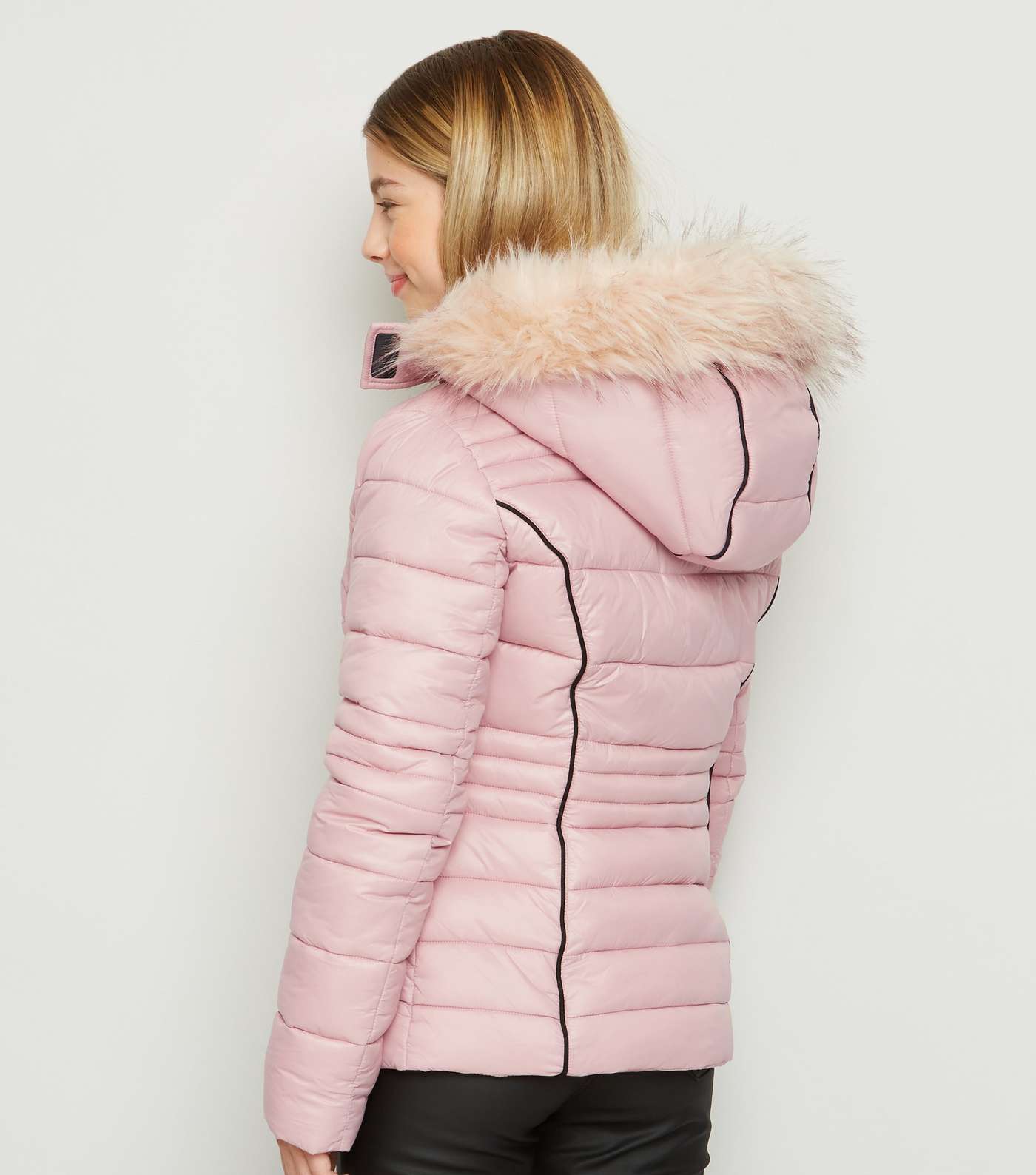 Girls Pink Faux Fur Trim Puffer Jacket Image 3
