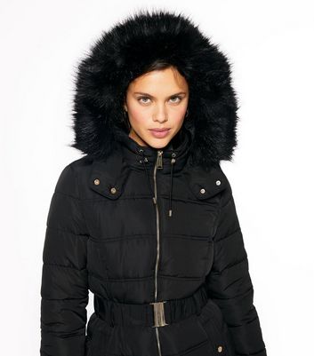 fitted puffer coat with fur hood