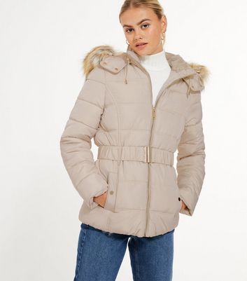 Cream Faux Fur Hood Fitted Puffer 