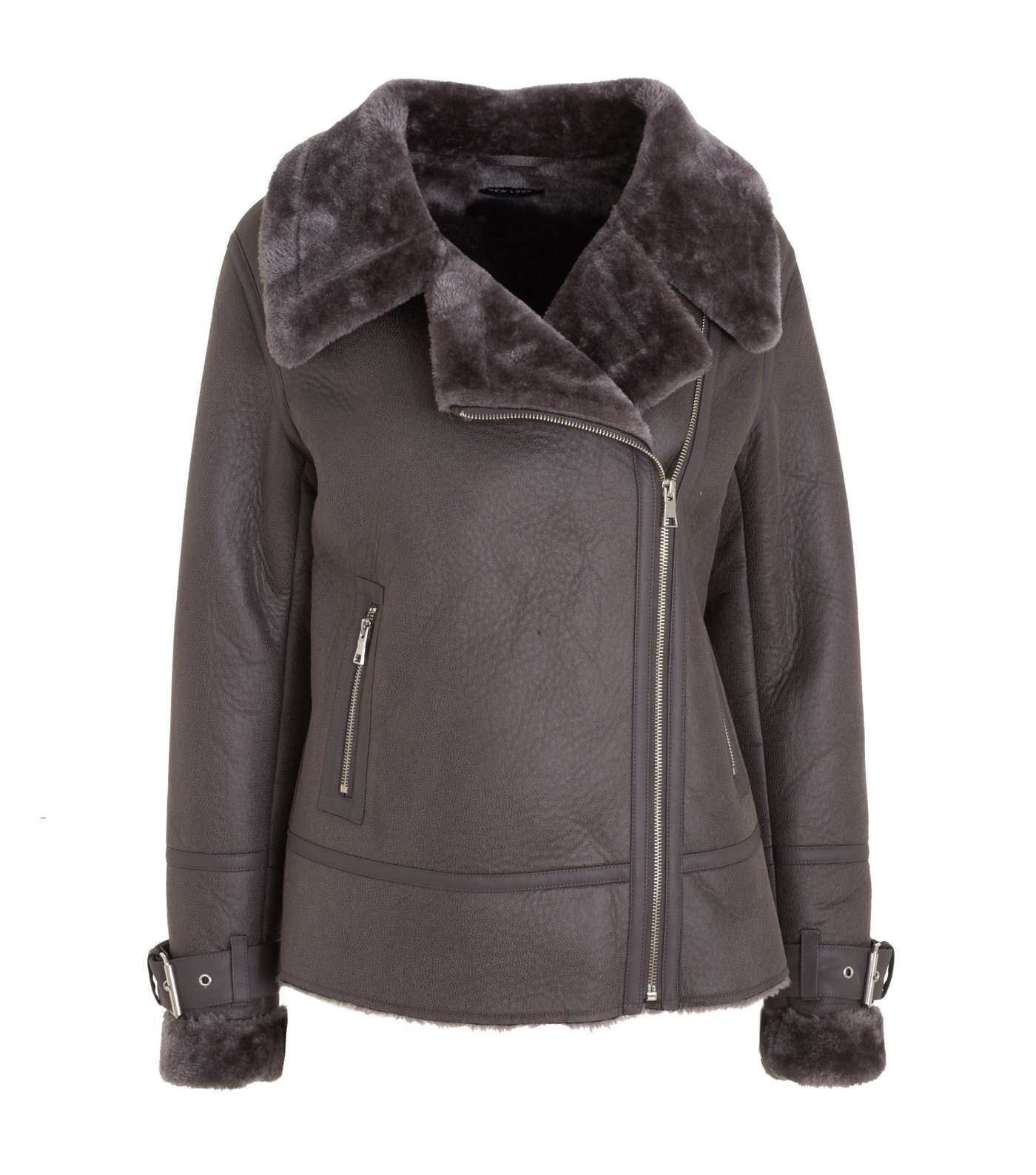 Dark Grey Faux Fur Lined Leather-Look Aviator Jacket  Image 6