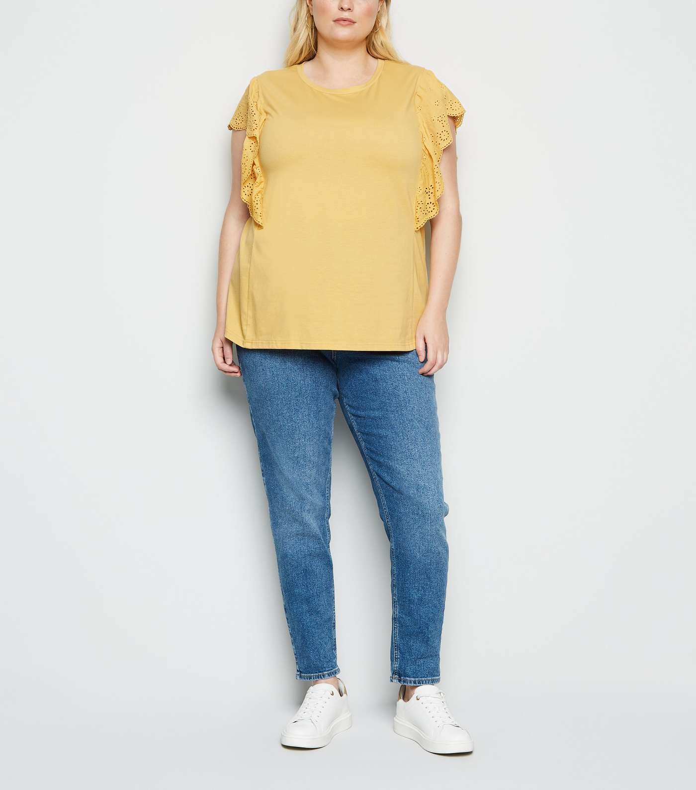 Curves Pale Yellow Broderie Frill Trim T-Shirt Image 2