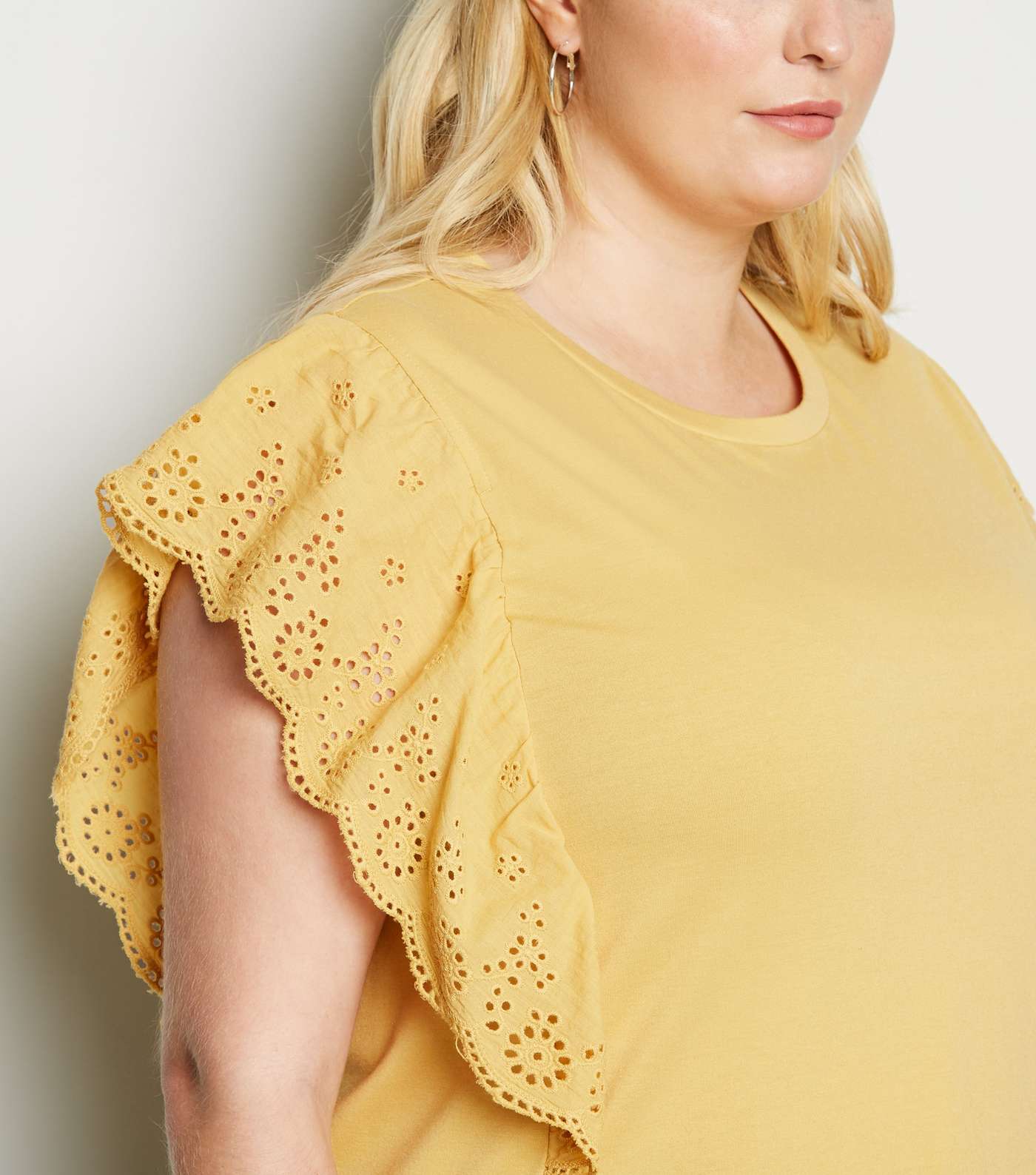 Curves Pale Yellow Broderie Frill Trim T-Shirt Image 4