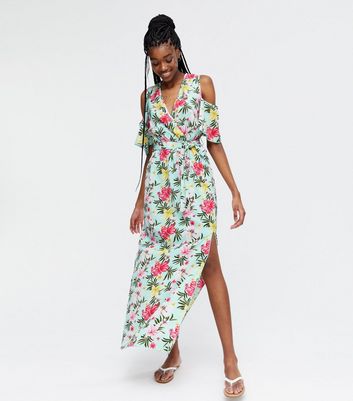 Green floral cold shoulder on sale dress