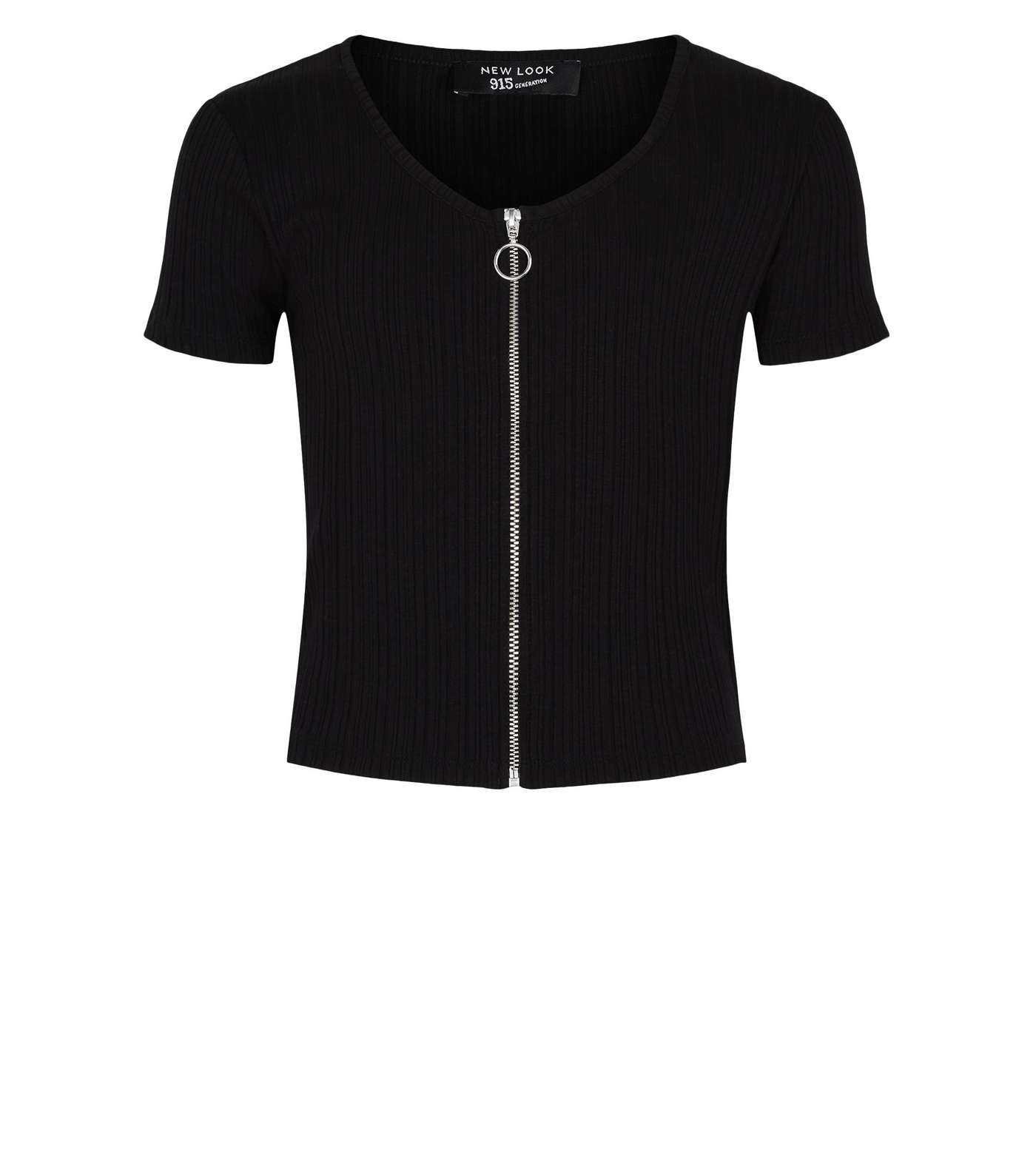 Girls Black Ribbed Zip T-Shirt Image 4