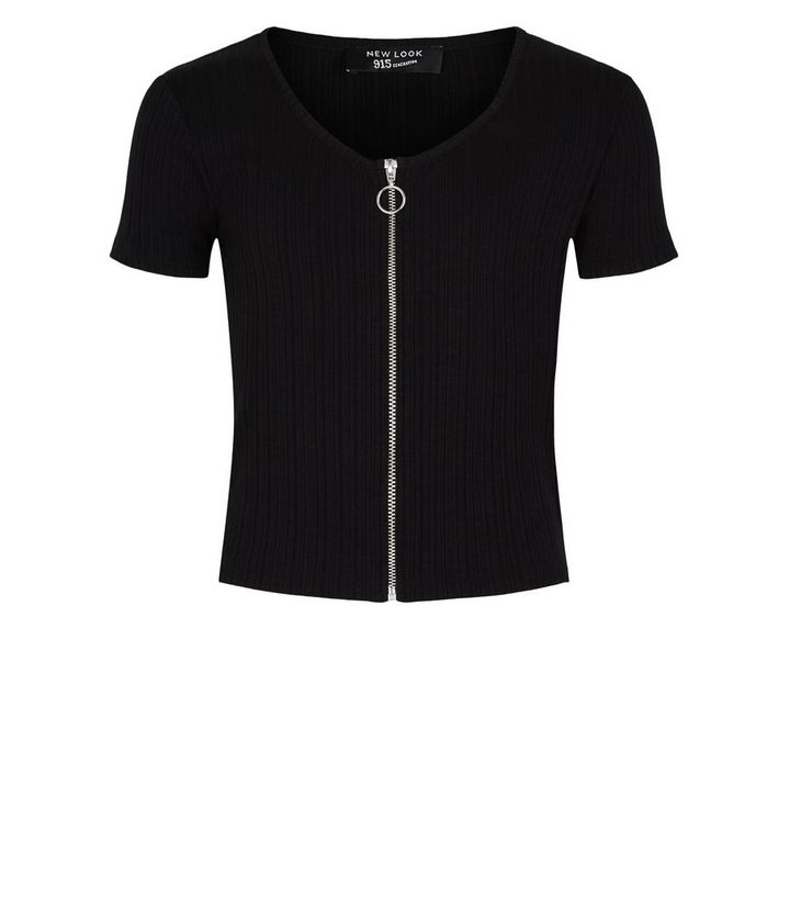 Girls Black Ribbed Zip T Shirt New Look