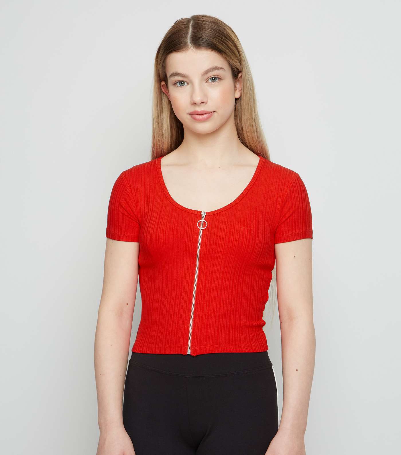 Girls Red Ribbed Zip T-Shirt
