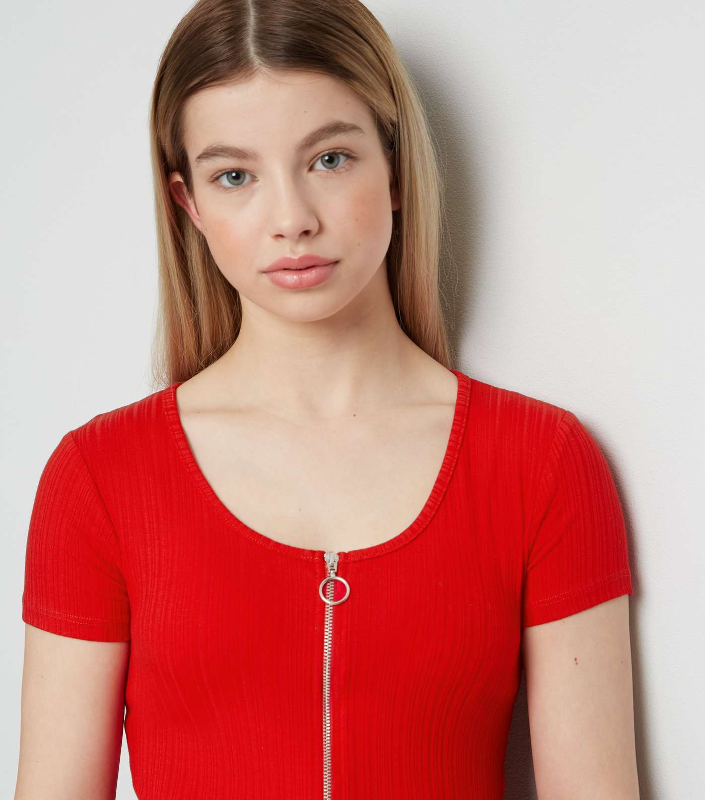 Girls Red Ribbed Zip T-Shirt Image 5