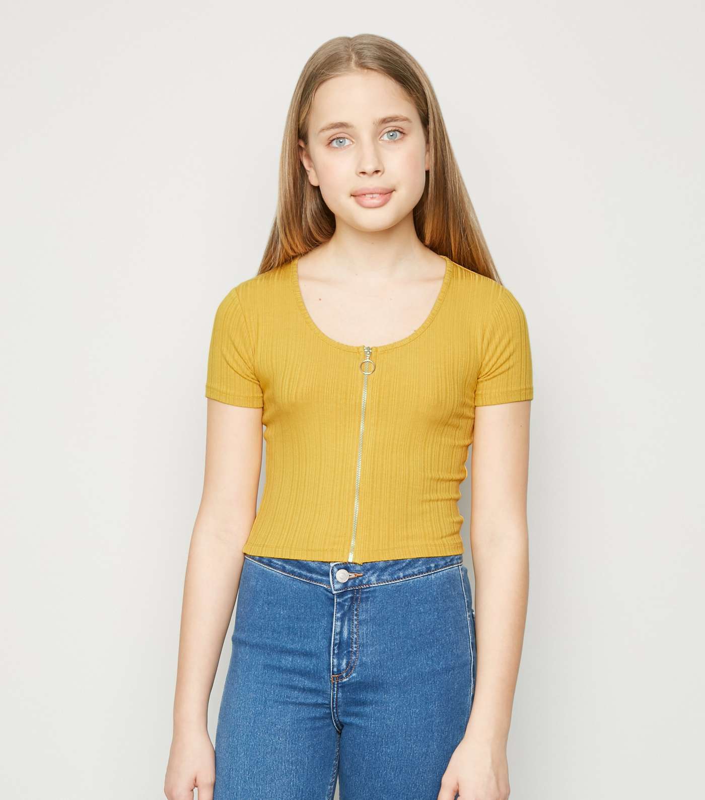 Girls Mustard Ribbed Zip T-Shirt