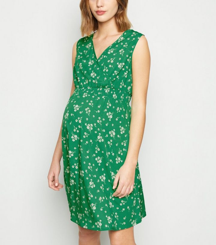 Maternity Green Floral Shirred Waist Dress New Look