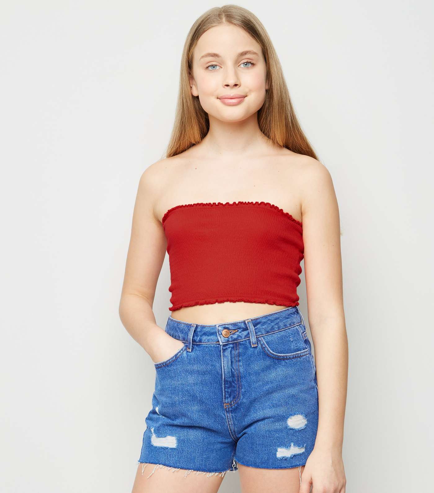 Girls Red Shirred Bandeau Top