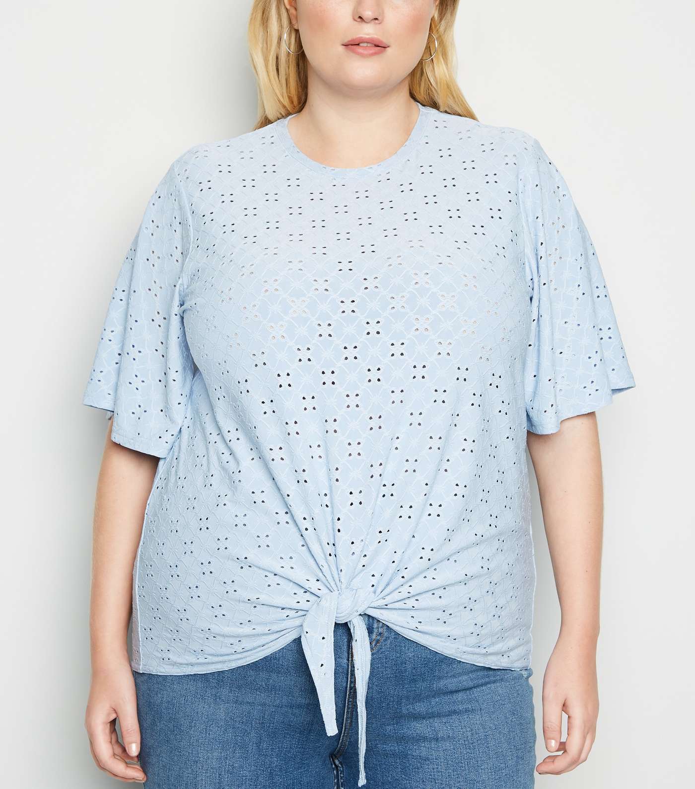Curves Pale Blue Broderie Tie Front T-Shirt 