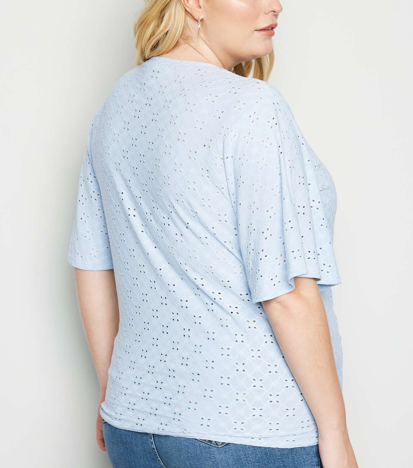 Curves Pale Blue Broderie Tie Front T-Shirt  Image 3