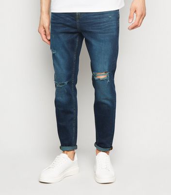 Image of Indigo Rinse Wash Ripped Tapered Jeans New Look