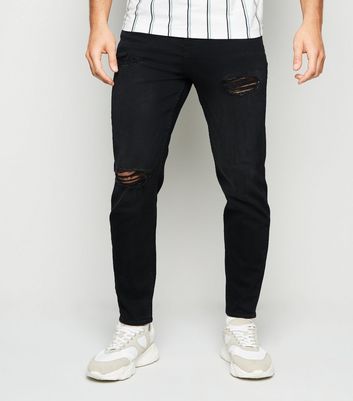 mens black ripped tapered jeans