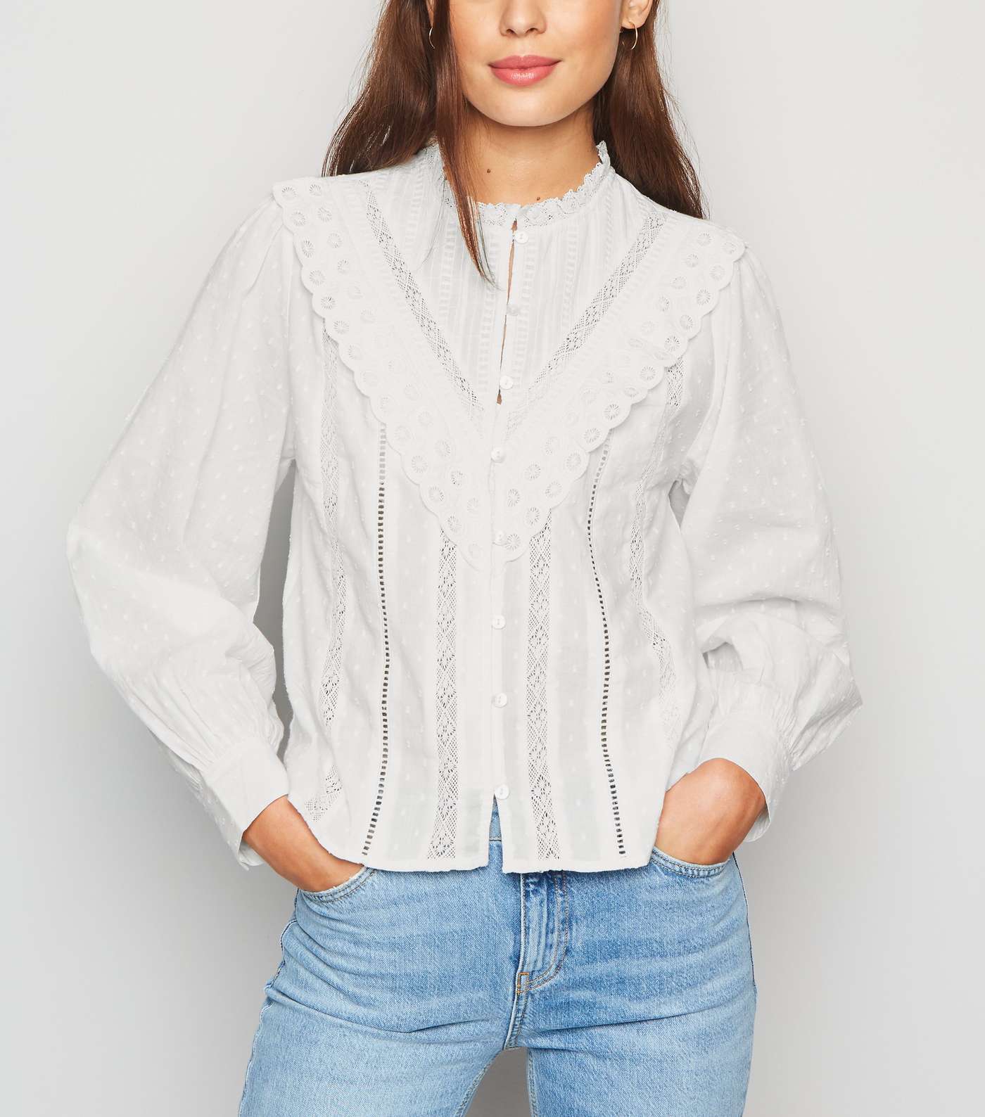 White Spot Lace Puff Sleeve Blouse