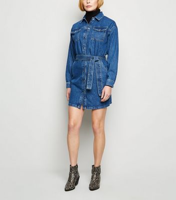 Image of Blue Belted Denim Shirt Dress New Look