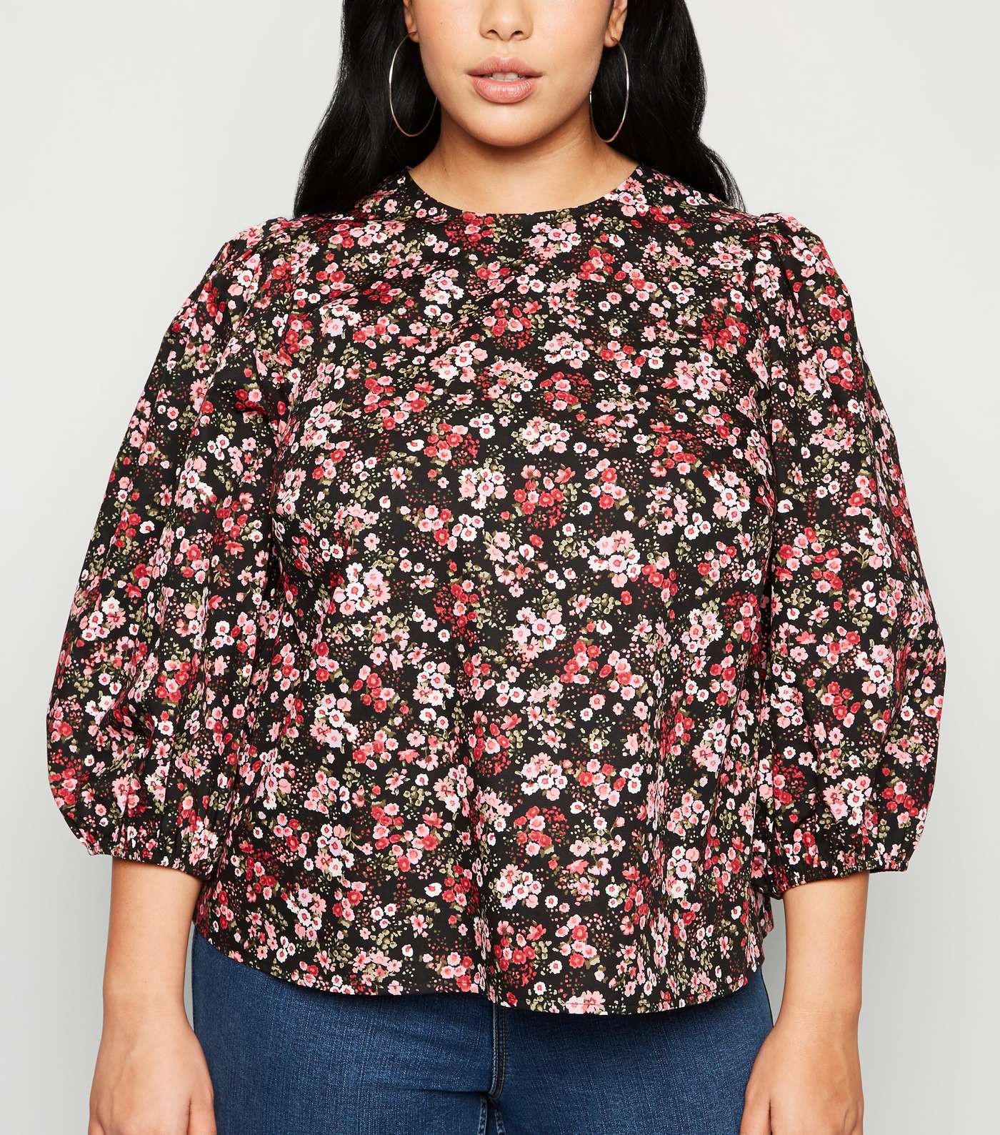 Curves Black Floral Puff Sleeve Top