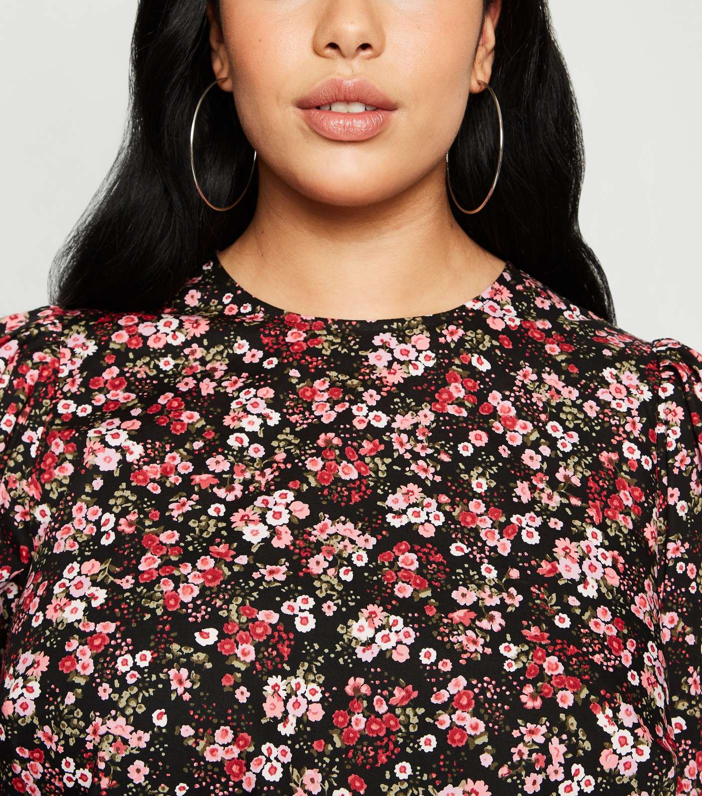 Curves Black Floral Puff Sleeve Top Image 5