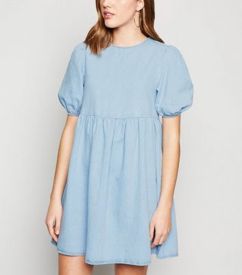 Image of Blue Denim Puff Sleeve Smock Dress New Look