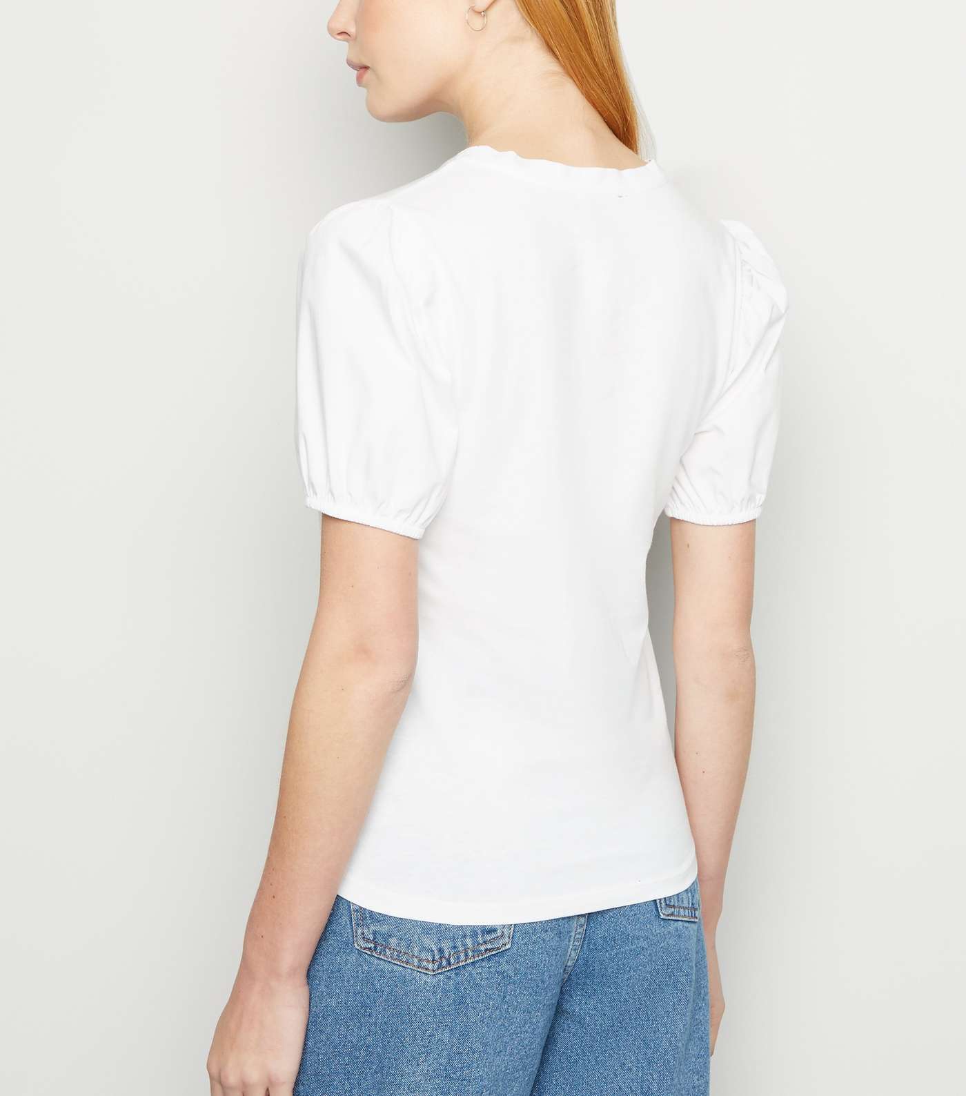 White Woven Puff Sleeve T-Shirt Image 3
