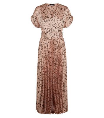 Image of Light Brown Spot Satin Pleated Midi Dress New Look