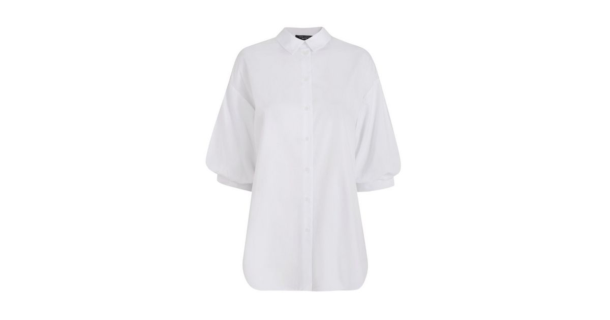 Petite White Poplin Puff Sleeve Long Shirt | New Look