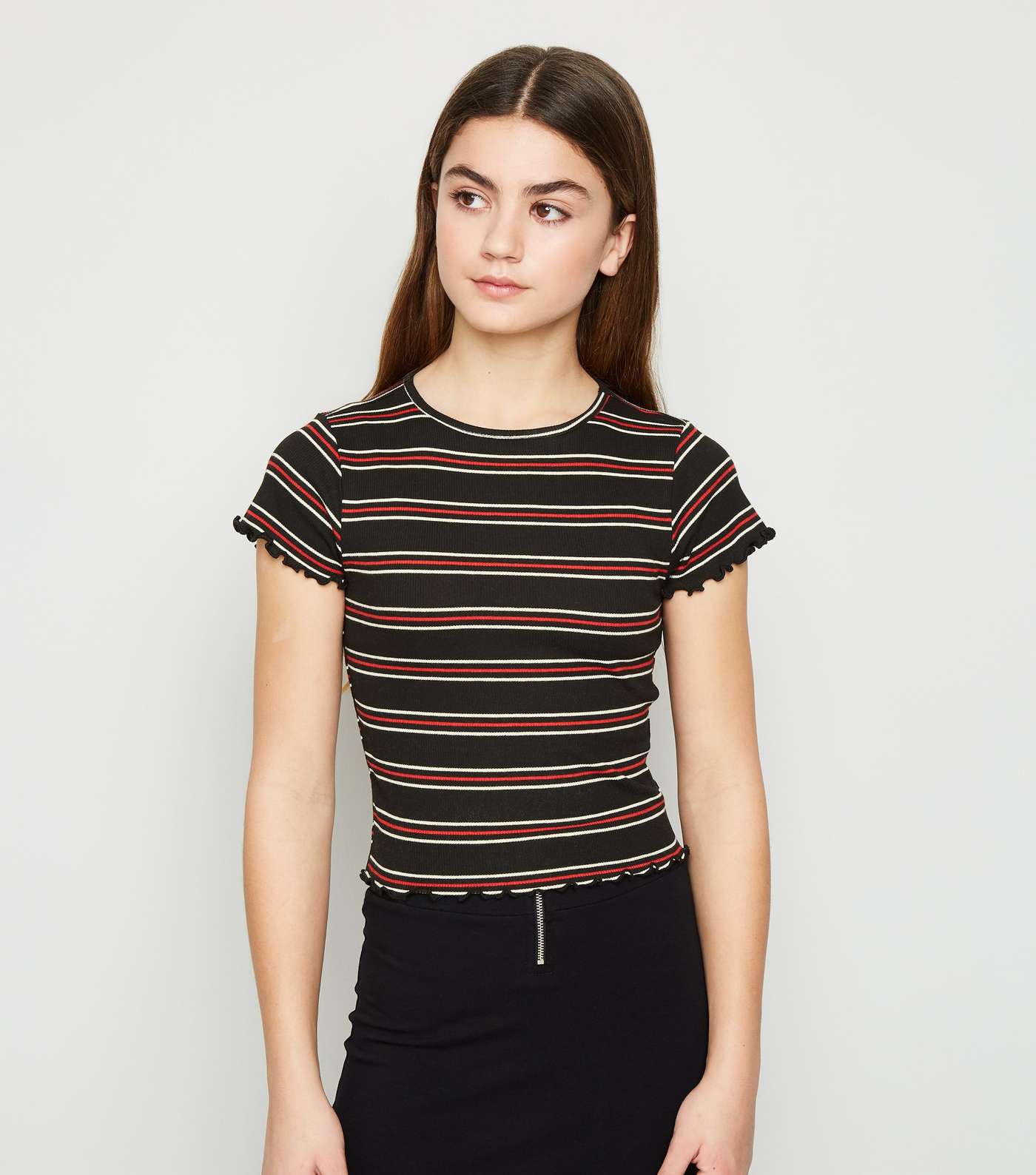 Girls Black Stripe Frill Trim T-Shirt