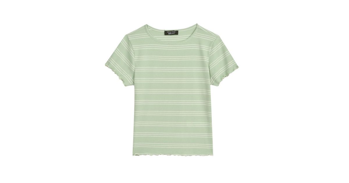 Girls Light Green Stripe Frill Trim TShirt New Look