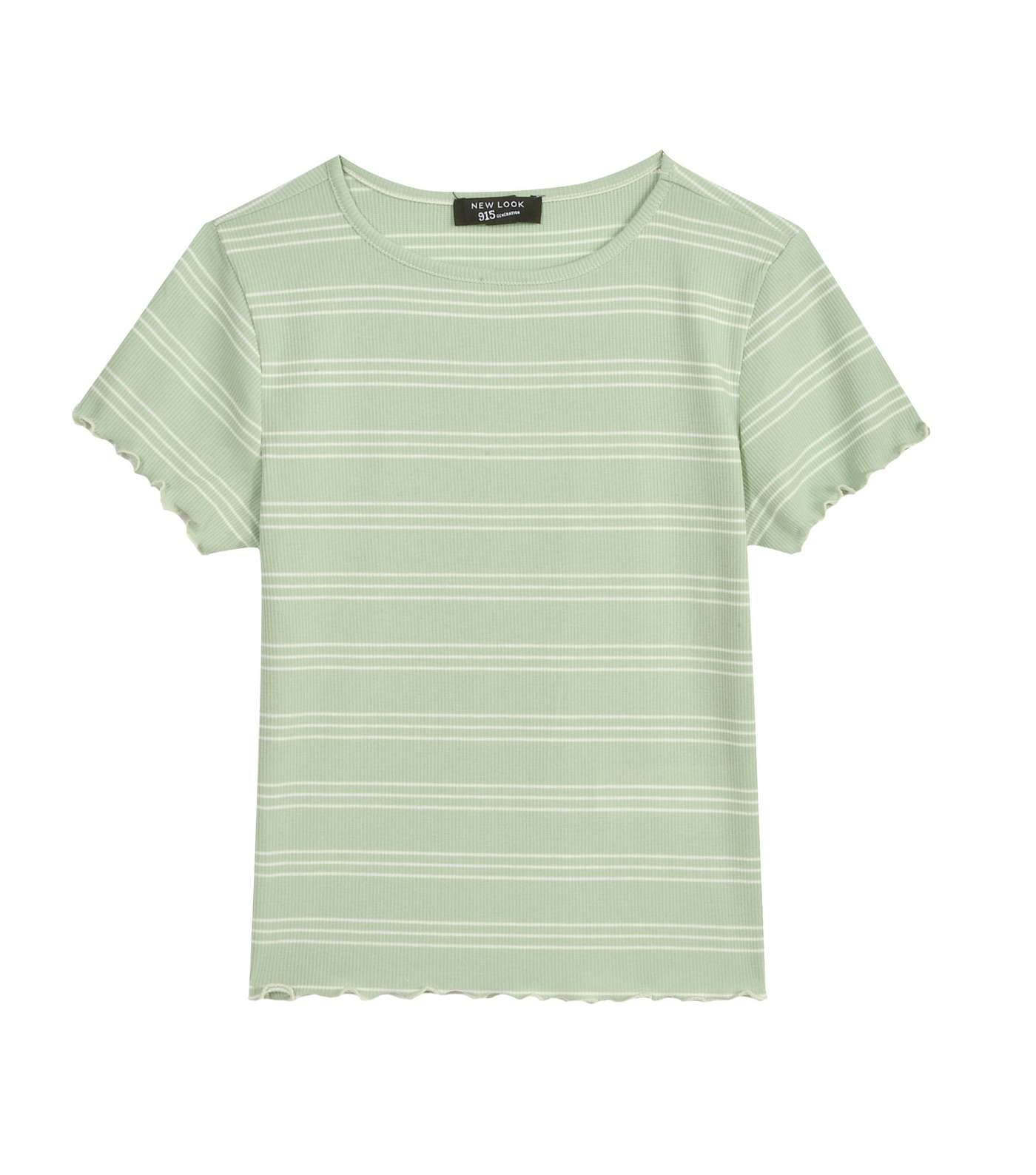 Girls Light Green Stripe Frill Trim T-Shirt