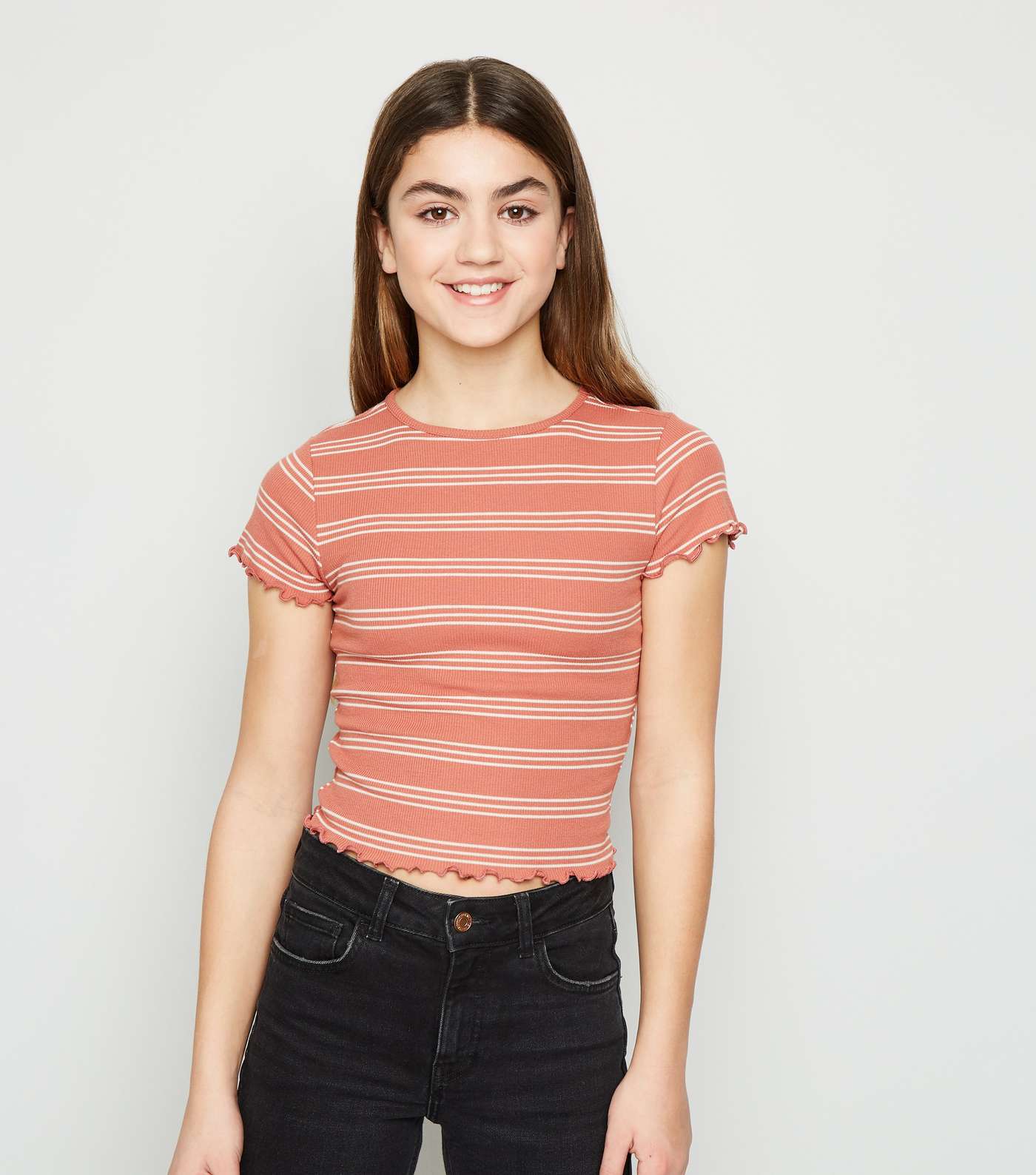 Girls Pink Stripe Frill Trim T-Shirt