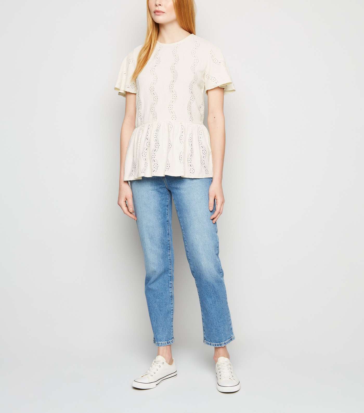 Off White Broderie Textured Peplum Top Image 2