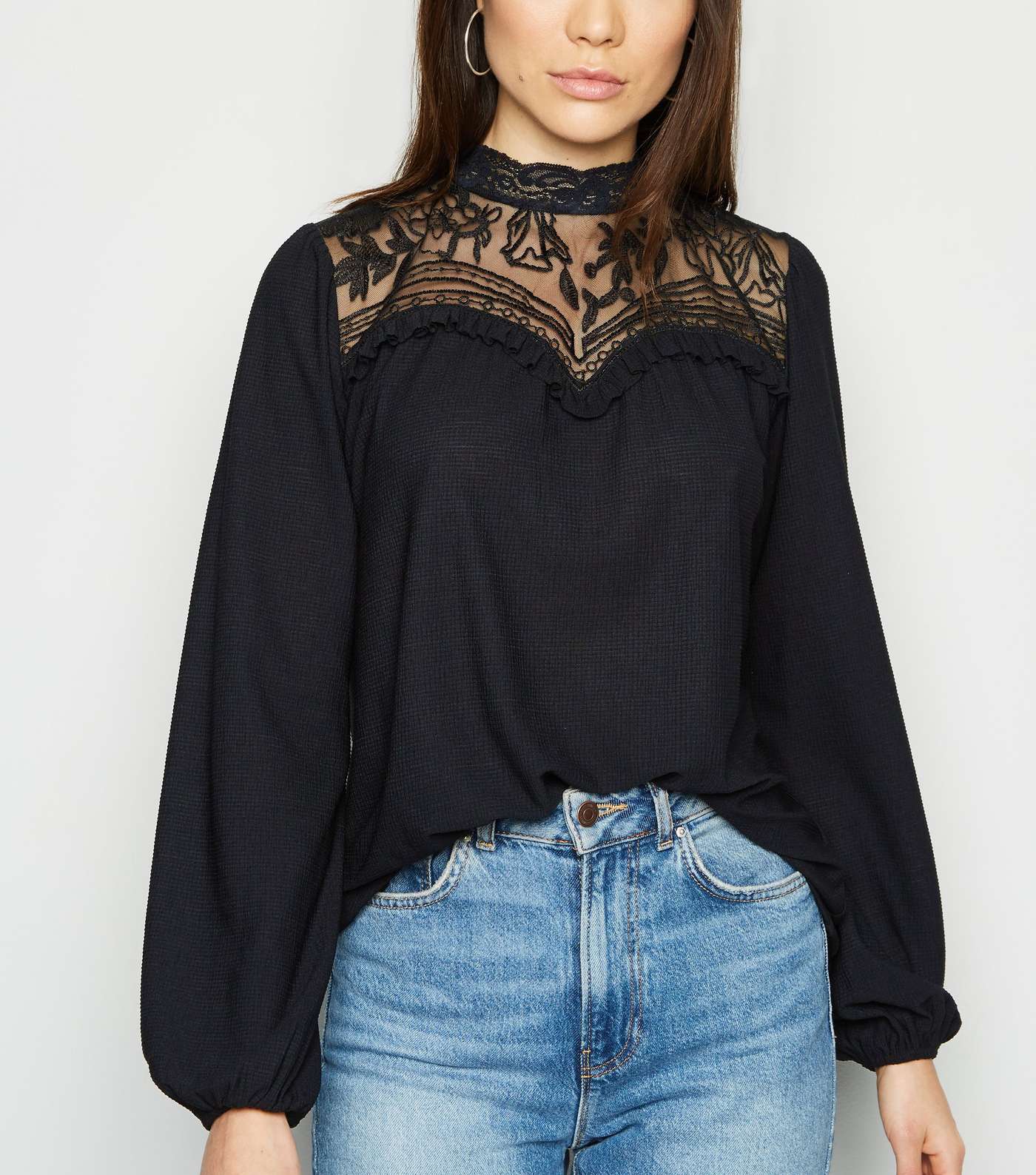 Black Textured Embroidered Yoke Top