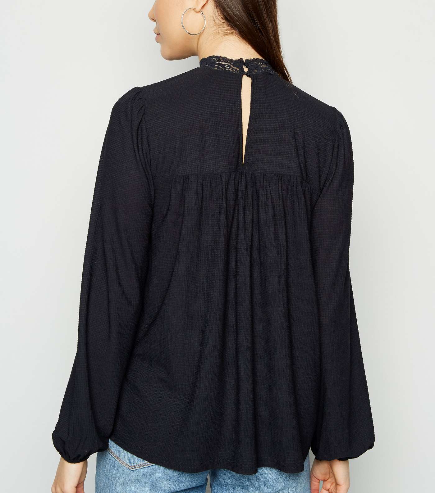 Black Textured Embroidered Yoke Top Image 3