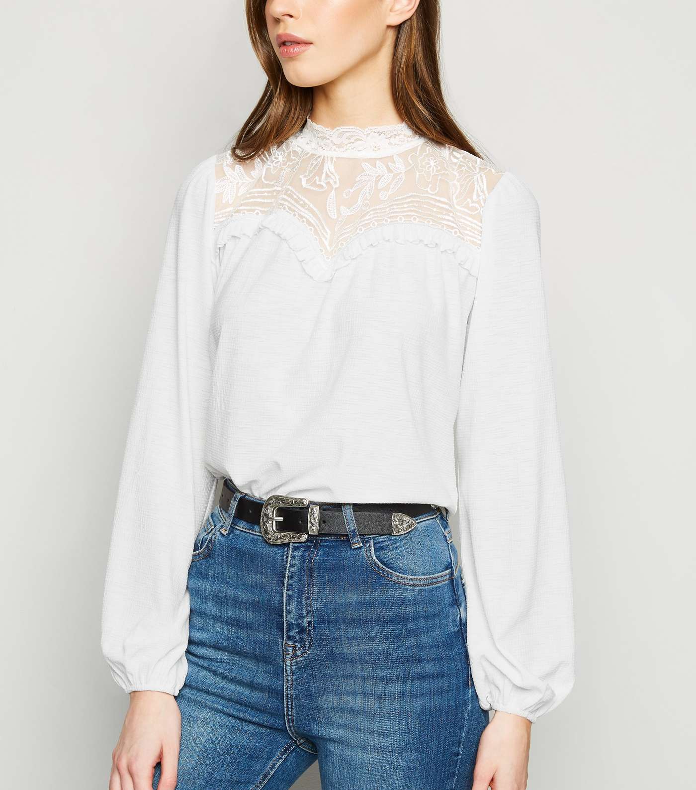 Off White Textured Embroidered Yoke Top