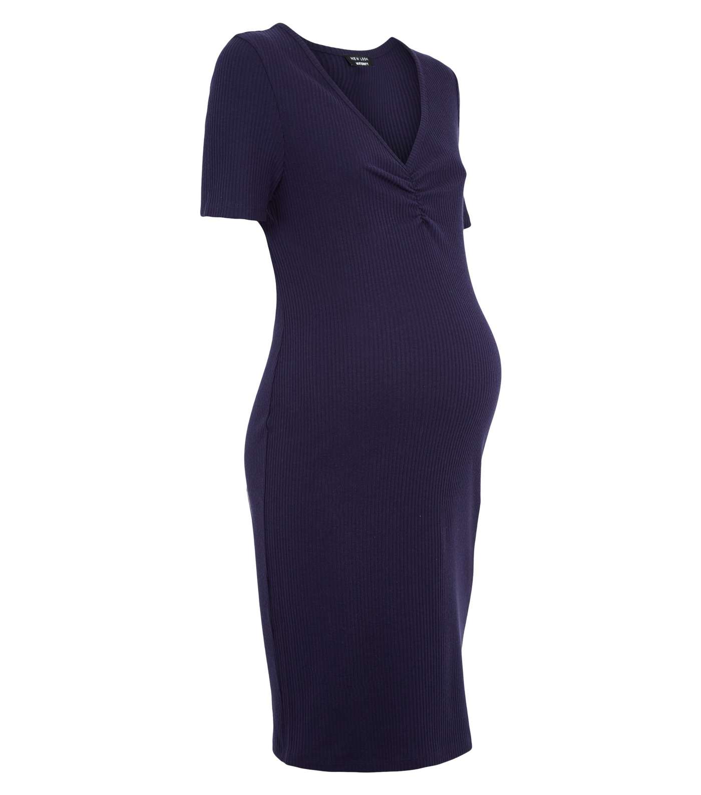 Maternity Navy Ribbed Ruched Dress Image 4