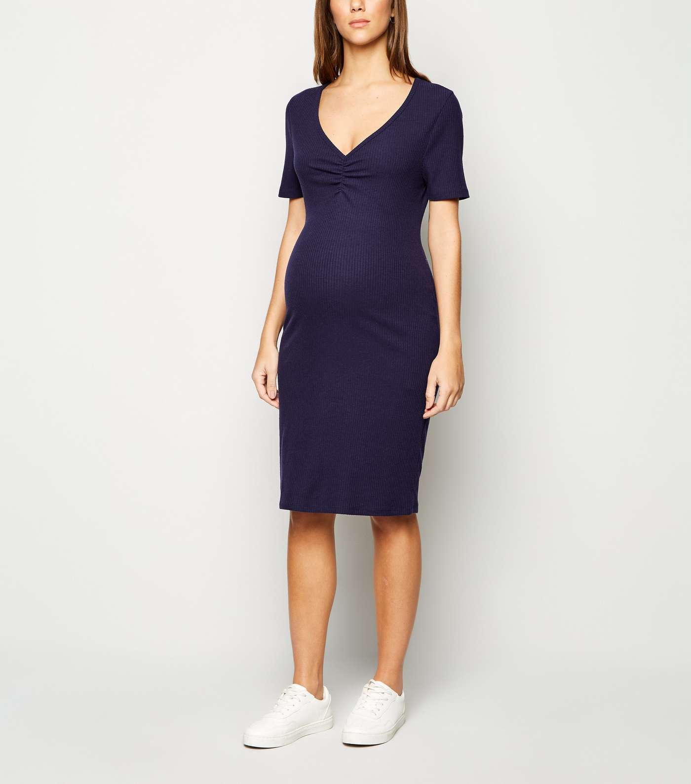 Maternity Navy Ribbed Ruched Dress Image 2