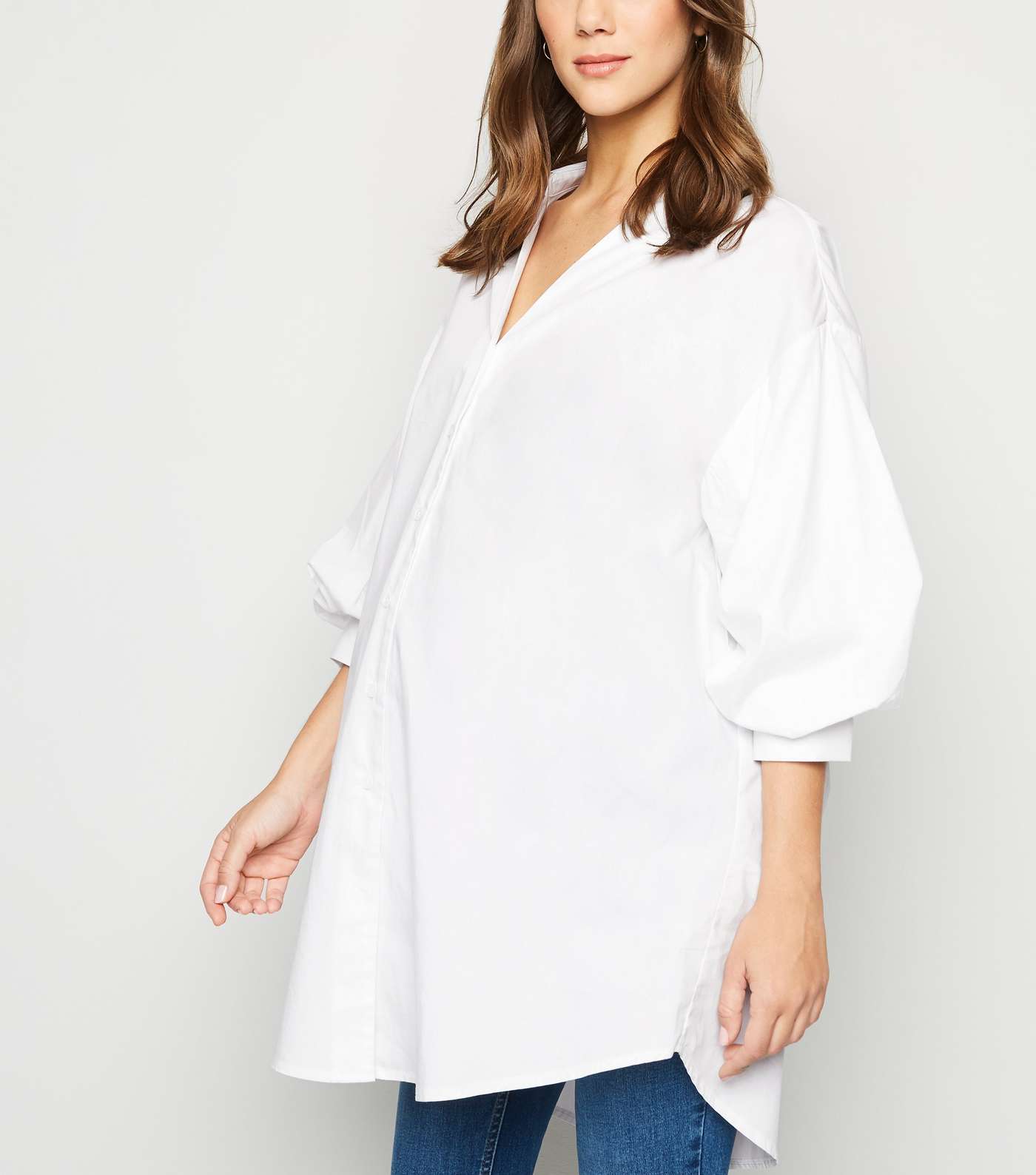 Maternity White Puff Sleeve Long Poplin Shirt