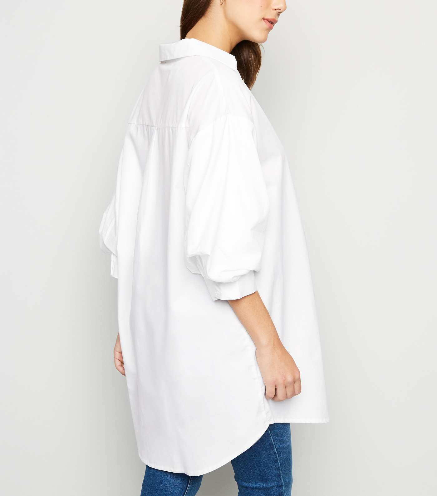 Maternity White Puff Sleeve Long Poplin Shirt Image 3