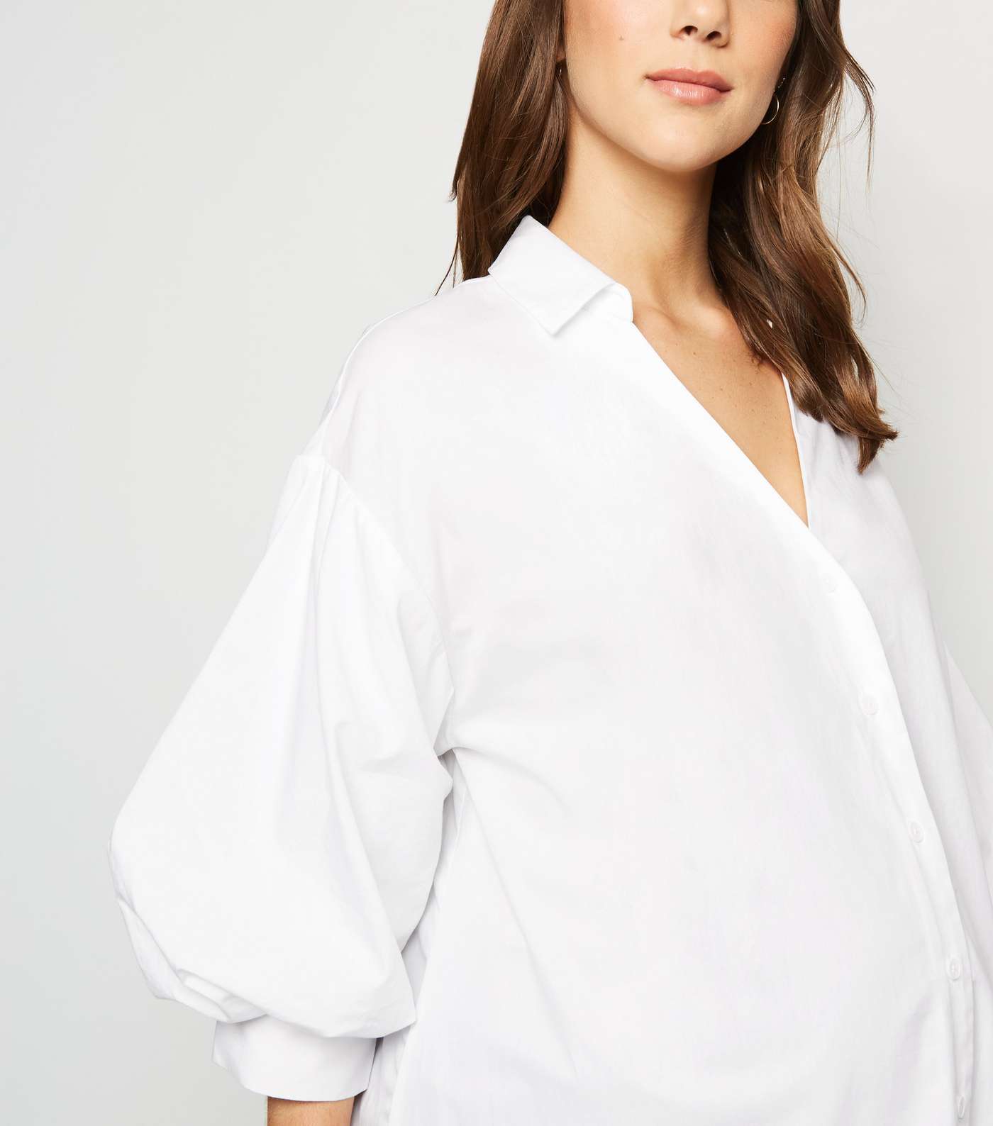 Maternity White Puff Sleeve Long Poplin Shirt Image 5