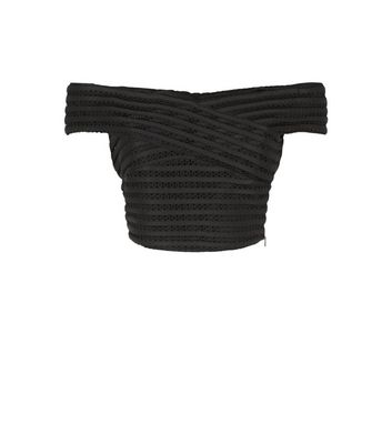 Image of Black Mesh Stripe Bardot Crop Top New Look