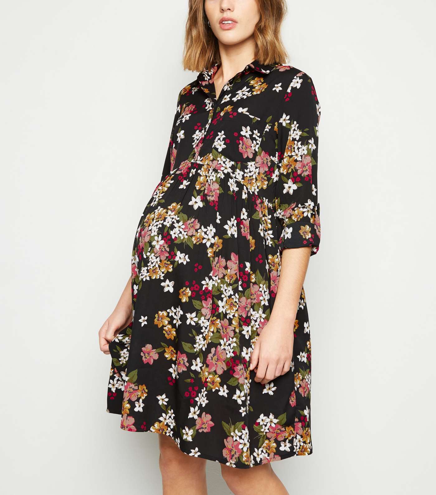 Maternity Black Floral Mini Shirt Dress