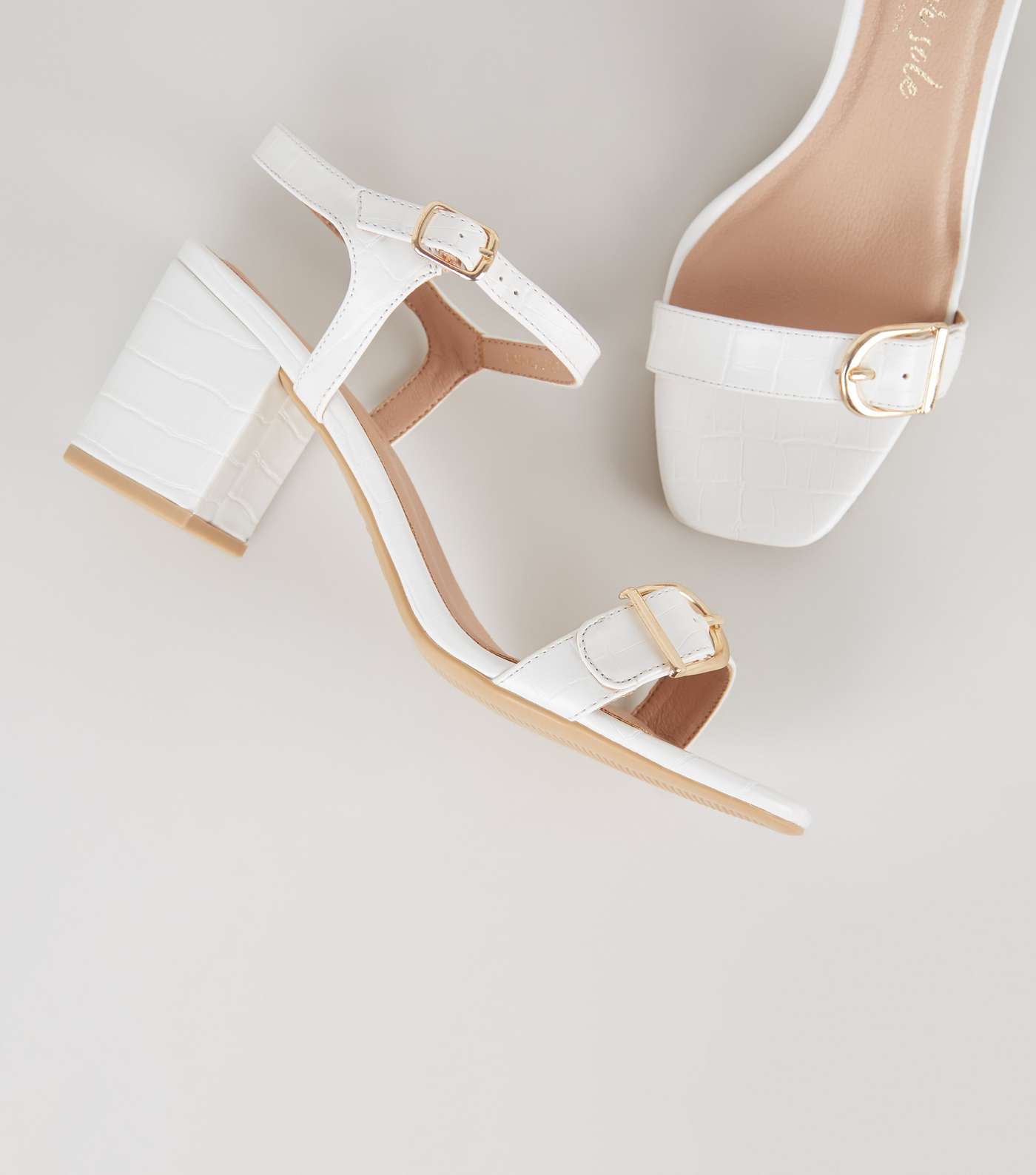 Wide Fit White Faux Croc Buckle Heeled Sandals Image 4