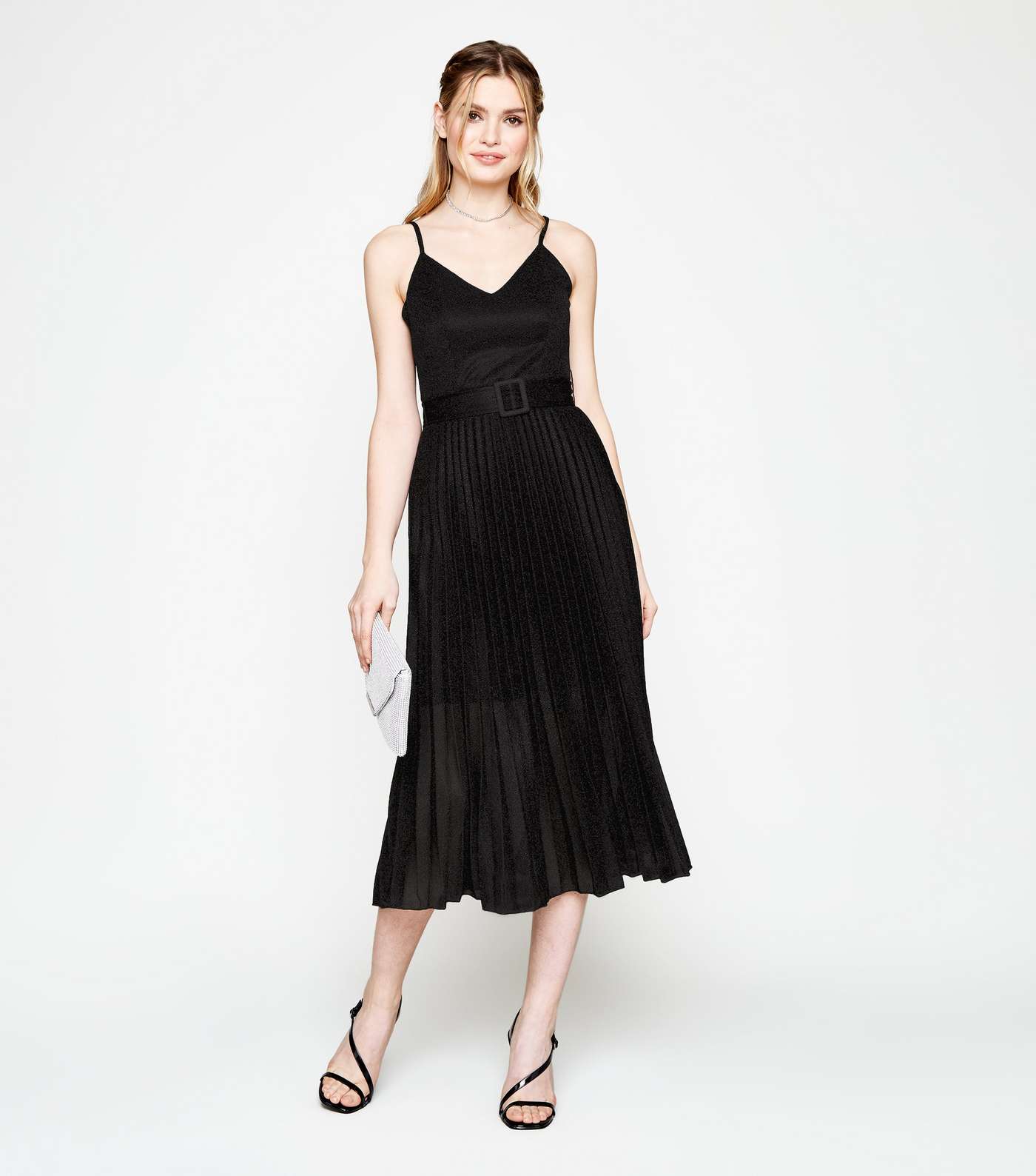 Black Glitter Belted Pleated Midi Dress